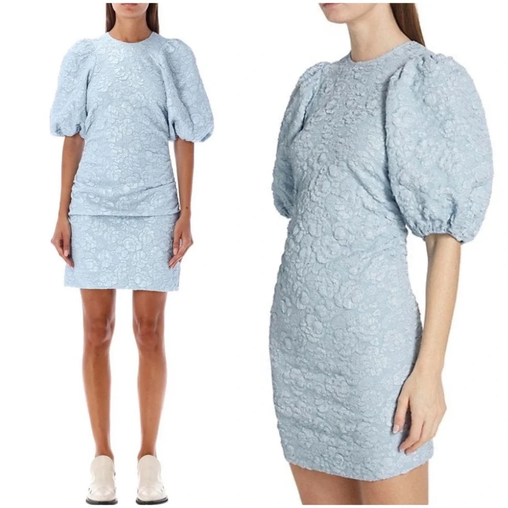 GANNI Sky Blue Jacquard Puff Sleeve Ruched Mini Dress NWT EU 34 US 2 XS - Picture 4 of 16